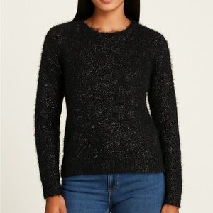 St by Olcay Gulsen Kenrita Fuzzy Metallic Knit Sweater XS Black Pullover Revolve